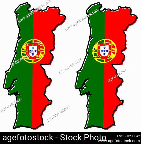 Simplified map of Portugal outline, with slightly bent flag under it. (Two versions, one with simpler coat of arms)