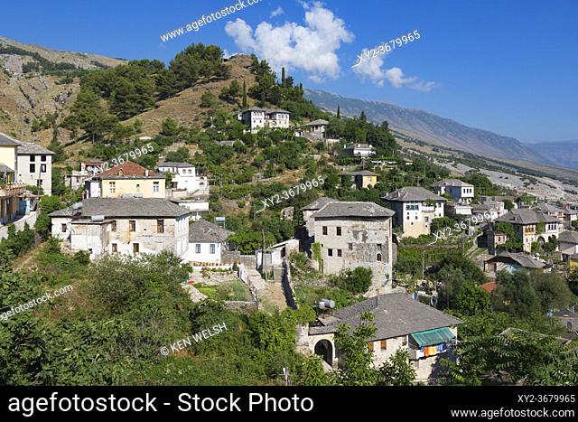 Gjirokastra or Gjirokaster, Albania. Typical traditional property on edge of old town. Gjirokastra is a UNESCO World Heritage Site