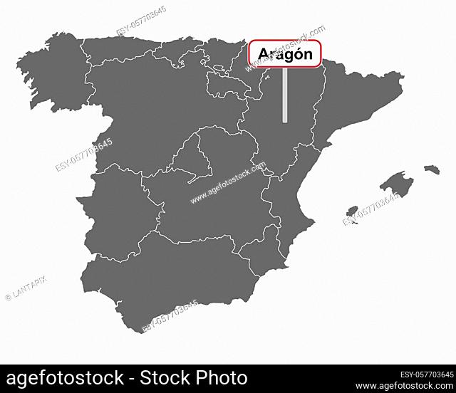 Landkarte von Spanien mit Ortsschild Aragon