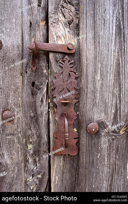 Ironwork on a old wood door. Cozcurrita, Sayago, Zamora province, Castilla y Leon, Spain