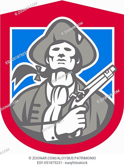 Illustration of an American Patriot with flintlock pistol facing front set inside crest shield on isolated background done in retro style