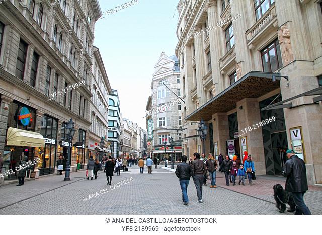 Vaci Utca street is a shopping spot in the city center of Budapest, Hungary