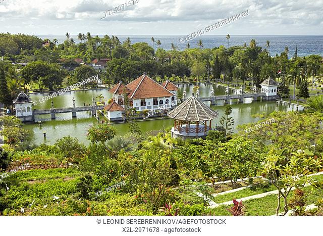 Gili Bale, main building of the Ujung Water Palace (Taman Ujung), surrounded by water and landscaped garden. Karangasem Regency, Bali, Indonesia