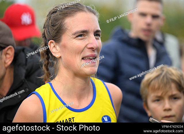 Belgian Nina Lauwaert pictured after the women's relay race at the CrossCup athletics event, the first stage of the CrossCup competition