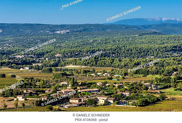 France, Luberon, Vaucluse, the Comtat Venaissin plain and the Mont Ventoux mountain seen from Menerbes (Most Beautiful Village in France)