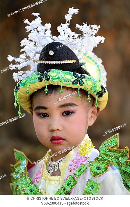 Myanmar, Bagan, Shinpyu (ordination) ceremony. Young children are dressed as royal princes in memory of prince Siddharta Gautama's departure from his royal home...