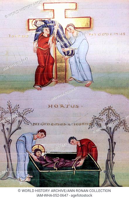 Codex Egberti folio. 85v. Egbert (ca. 950 – 9 December 993) was the Archbishop of Trier from 977, was the recipient of the illuminated manuscript Codex Egberti