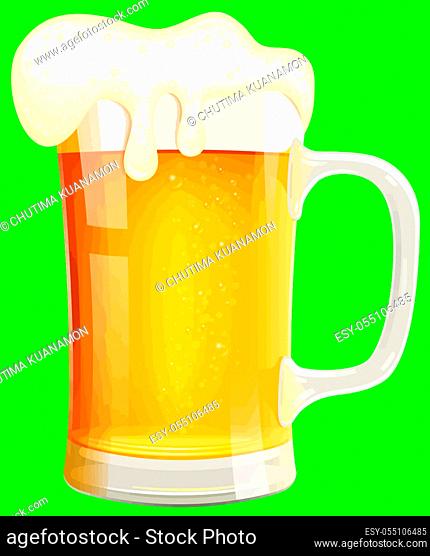 beer glass mug full golden color lager green background illustration