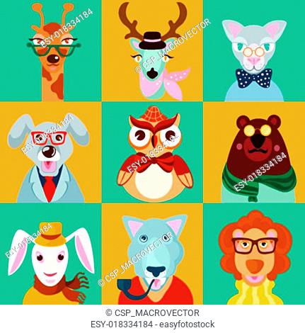 Animal hipsters icons flat