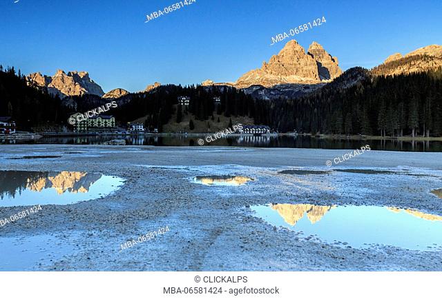 The Three Peaks of Lavaredo are reflected in Lake Misurina Auronzo of Cadore Veneto Italy Europe