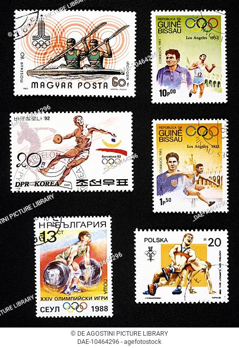 Postage stamps honouring sport: left, postage stamp commemorating the 1980 Moscow Olympics depicting rowing, 1980, Hungary; postage stamp commemorating 1992...