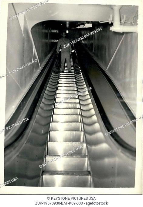 Sep. 30, 1957 - World's largest Aircraft Carrier at Portsmouth. Escalator that Travels Through Four decks: The World's Largest aircraft carrier - The U
