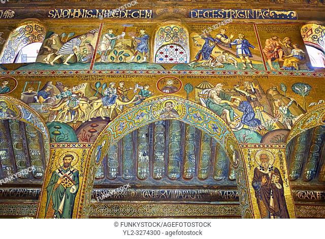 Medieval Byzantine style mosaics of the side aisle arches, Palatine Chapel, Cappella Palatina, Palermo, Italy