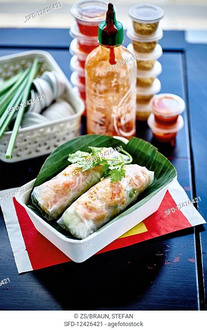 Vietnamese spring rolls with various dips to take away