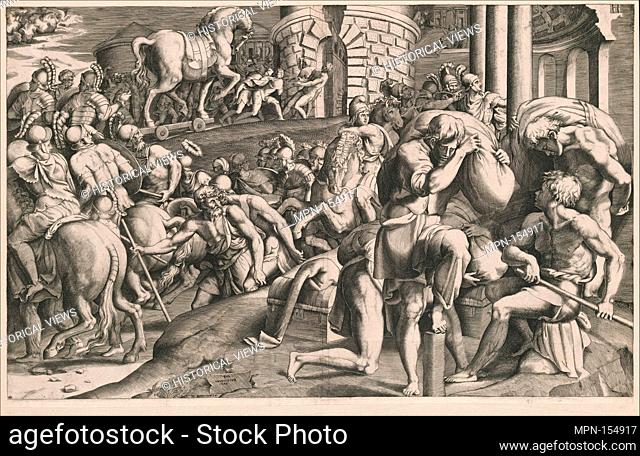 The Trojans pulling the wooden horse into the city. Artist: Giulio Bonasone (Italian, active Rome and Bologna, 1531-after 1576); Artist: After Francesco...