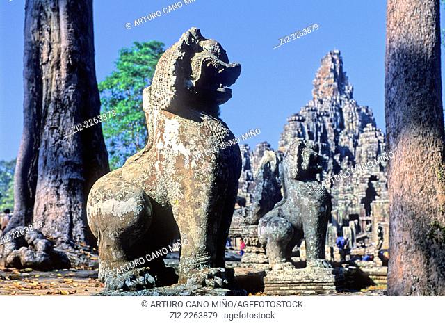 Bayon Buddhist temple in Angkor Thom, the capital city of the Khmer empire, XIIth century. Angkor, Siem Reap Province, Cambodia