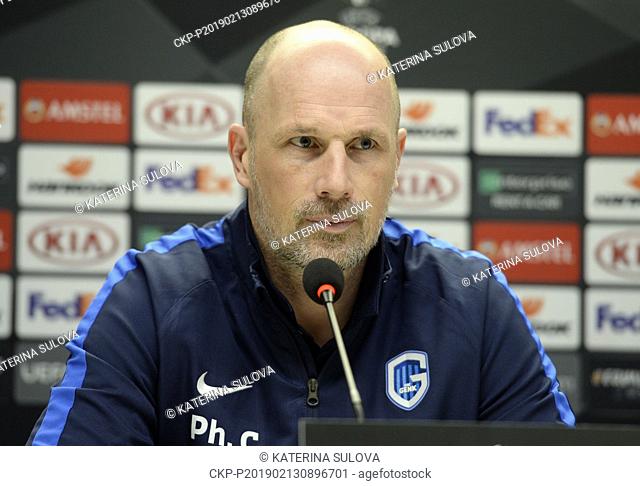 Philippe Clement, coach of Genk, speaks to journalists during the press conference prior to 2nd round of football European League match Slavia Praha vs Genk in...