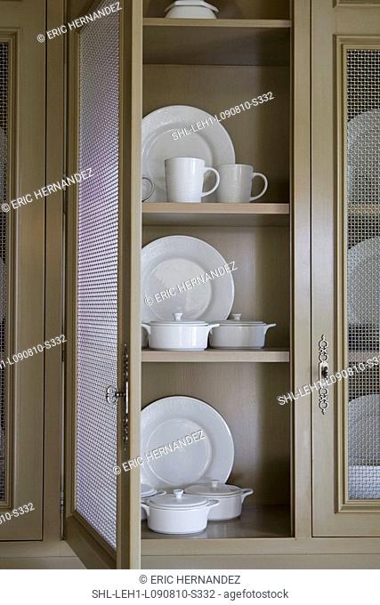 Contemporary china cabinet with wire mesh doors