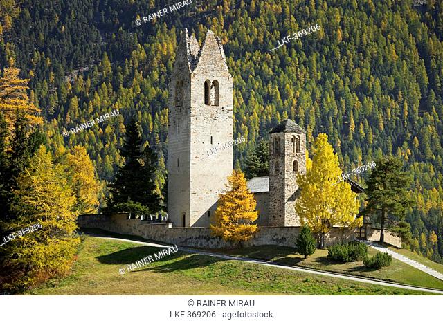 Ruins of the church San Gian in the sunlight, Engadin, Grisons, Switzerland, Europe