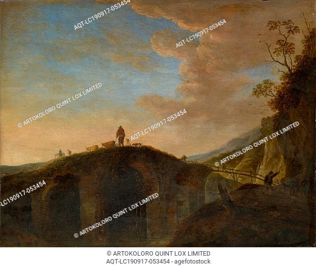 Old stone bridge, oil on oak wood, 42 x 53 cm, Signed in the lower left corner: P De bre .. [rest no longer legible], Peeter van Bredael
