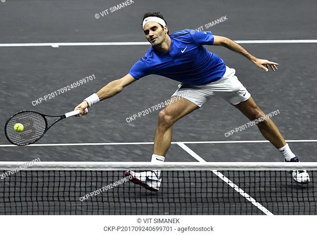 Swiss tennis player Roger Federer (Team Europe) in action during the match against Australian tennis player Nick Kyrgios (Team World) within the first edition...