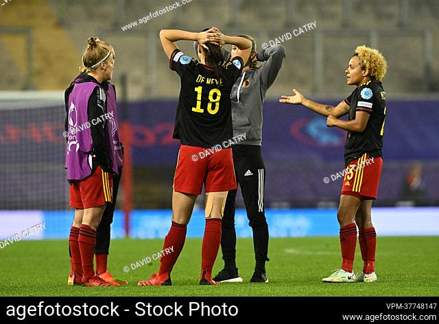 Belgium's Laura Deloose, Belgium's Laura De Neve and Belgium's Kassandra Missipo look dejected after losing a game between Belgium's national women's soccer...