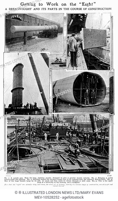 Construction of one of the 'Eight' dreadnoughts (battleships) being constructed in the early 20th century by the British