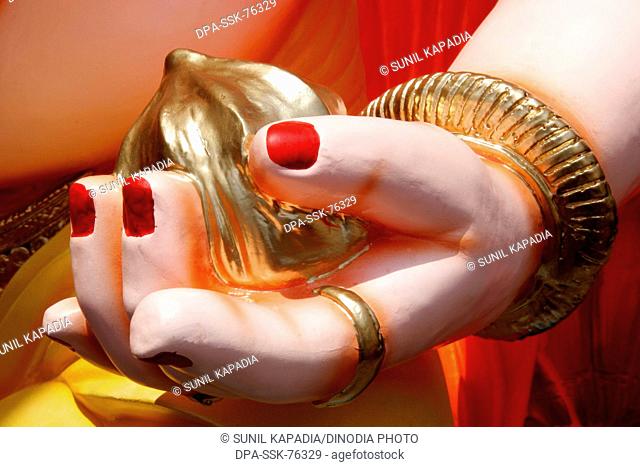 A hand of the idol of Lord Ganesh; the elephant headed God ; with a sweet in its palm called 'Laddoo' ; Ganesh ganpati Festival ; Pune; Maharashtra; India