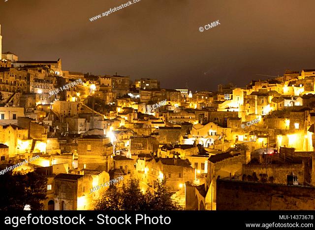 Beautiful city of Matera by night, a Unesco World Heritage site and cultural capital of Europe