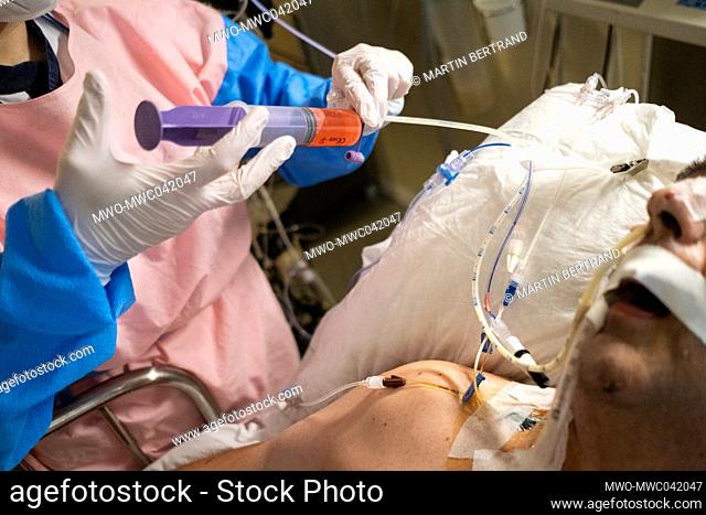 Medical staff monitoring patients at the Intensive care unit of the Liege hospital which is badly impacted by Covid 19. Liege, Belgium