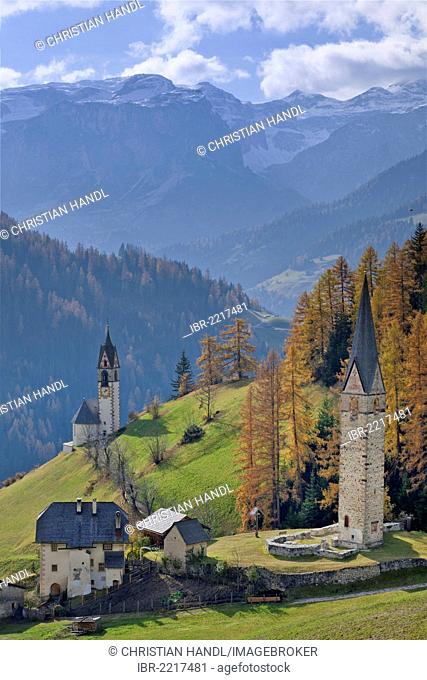 Church ruins in Tolpei with St. Barbara chapel, Wengen, Gadertal valley or Val Badia, South Tyrol, Italy, Europe