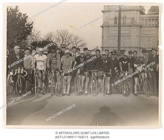 Photograph - Group of Bicycle Riders, Exhibition Building. Carlton, 1920s-1930s, Group of cyclists lined up outside the Exhibition Building
