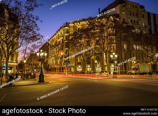 Passeig de Gracia in the blue hour and night with special Christmas lighting (Barcelona, Catalonia, Spain)