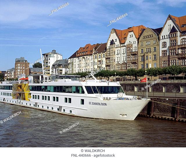 Boat moored at harbor, Dusseldorf, Germany