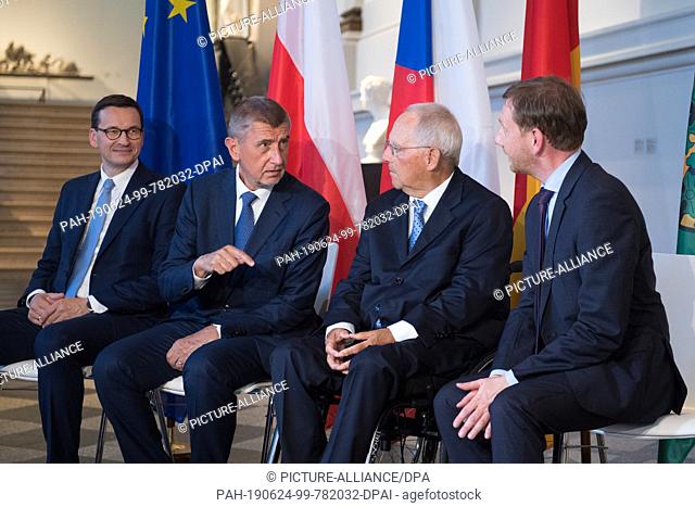 24 June 2019, Saxony, Dresden: Mateusz Morawiec (l-r), Prime Minister of the Republic of Poland, Andrej Babis, Prime Minister of the Czech Republic