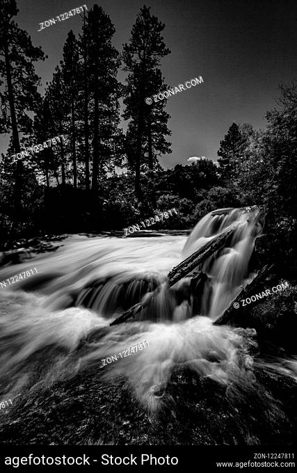 A waterfall in the mountains of central Oregon, Black and White image, day