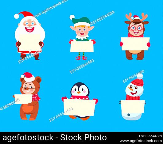 Winter characters. Cartoon santa, elves and winter christmas animals,  snowman and kids, Stock Vector, Vector And Low Budget Royalty Free Image.  Pic. ESY-043914284 | agefotostock
