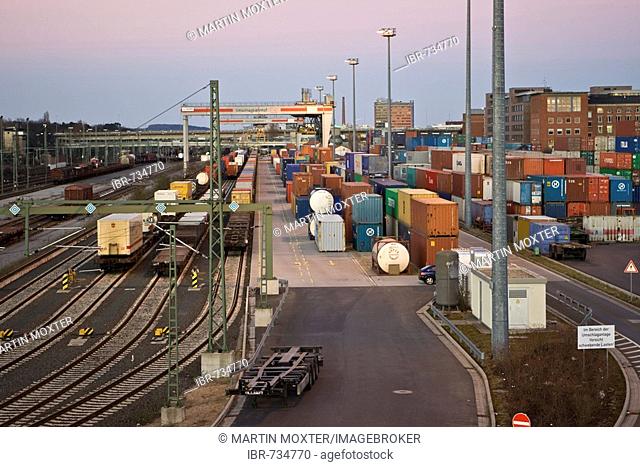 Shipping containers and loading crane at the transshipment railway station in Frankfurt-West, Frankfurt, Hesse, Germany, Europe