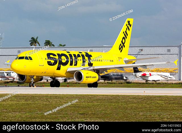 Fort Lauderdale, Florida ? April 6, 2019: Spirit Airlines Airbus A319 airplane at Fort Lauderdale airport (FLL) in the United States