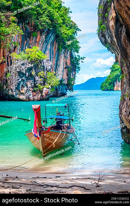 Scenic bay of Koh Lao La Ding island with thai boats, Krabi, Thailand