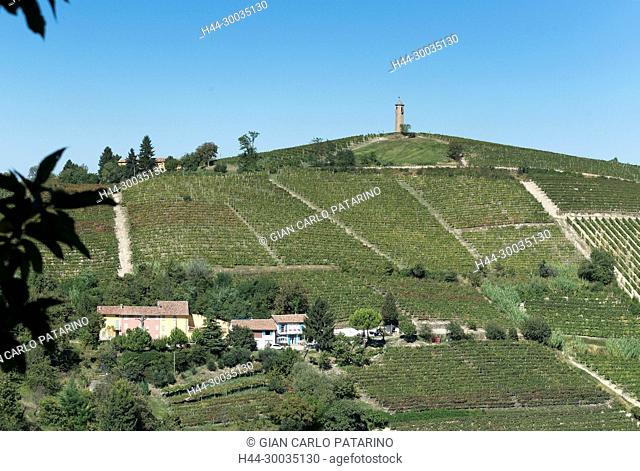 Italy, panorama of vineyards of Piedmont Langhe-Roero and Monferrato on the World Heritage List UNESCO. The Contini tower near Canelli Italy, Piedmont