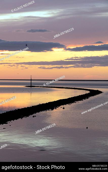 Sunset, evening, dusk, blue hour, Wadden Sea, north dike, north, North Sea, Ostfriesland, Lower Saxony, Germany