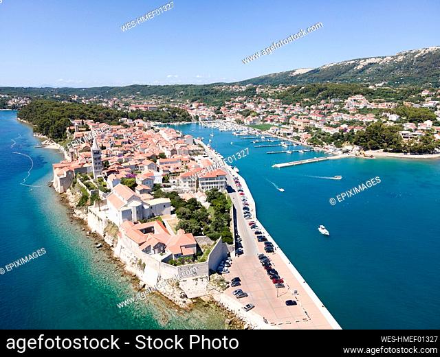 Croatia, Primorje-Gorski Kotar County, Rab, Drone view of coastal town in summer