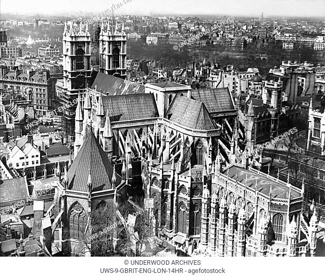 London, England: September 3, 1939.Westminster Abbey in London showing the twin towers. With the declaration of war, the historic Abbey now becomes a target for...