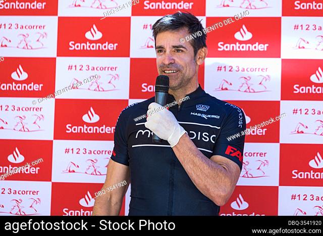 Former footballer Roberto Solazábal during the press conference prior to the race in Madrid, Spain Jun 13, 2020. The former Tour de France winner cyclist...