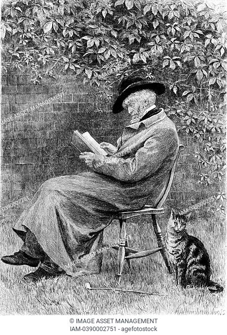 Thomas Carlyle 1795-1881 Scottish-born British historian & essayist reading in his garden in Chelsea, London  Etching after painting by Helen Allingham