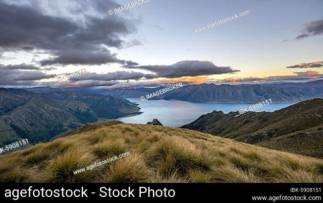 View of Lake Hawea at sunset, lake and mountain landscape, view from Isthmus Peak, Wanaka, Otago, South Island, New Zealand, Oceania