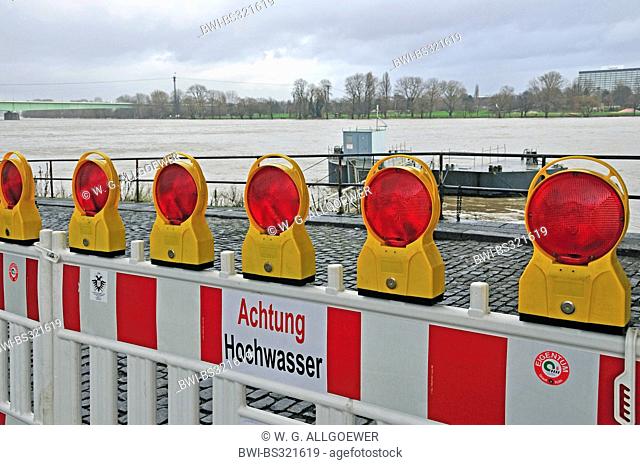 barricades promenade of Rhine river at high watermark, Germany, North Rhine-Westphalia, Cologne