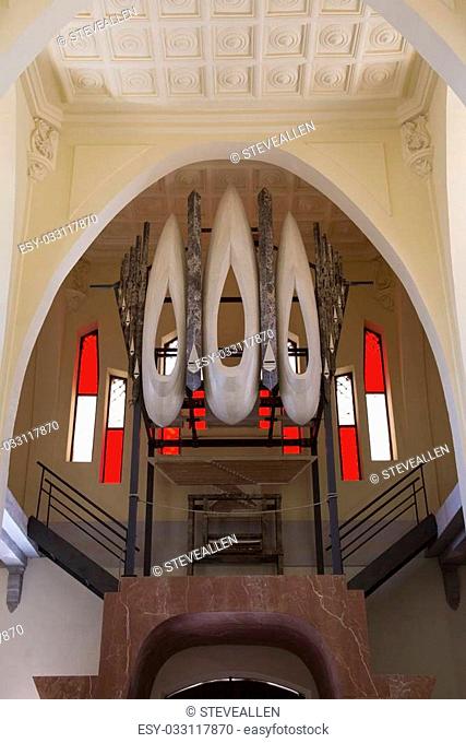 Interior of the Sanctuary of St. Mary Madgalene, built in the modernist style of Anton Guadi on a hillside above the small town of Novelda on the Costa Blanca...