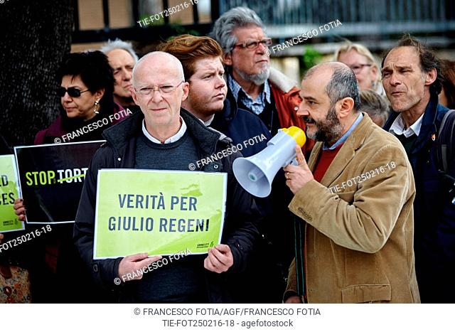 Sit in in favour of the truth about death of Giulio Regeni outside Egyptian embassy, the spokesman of Amnesty International Italy Riccardo Noury, Rome